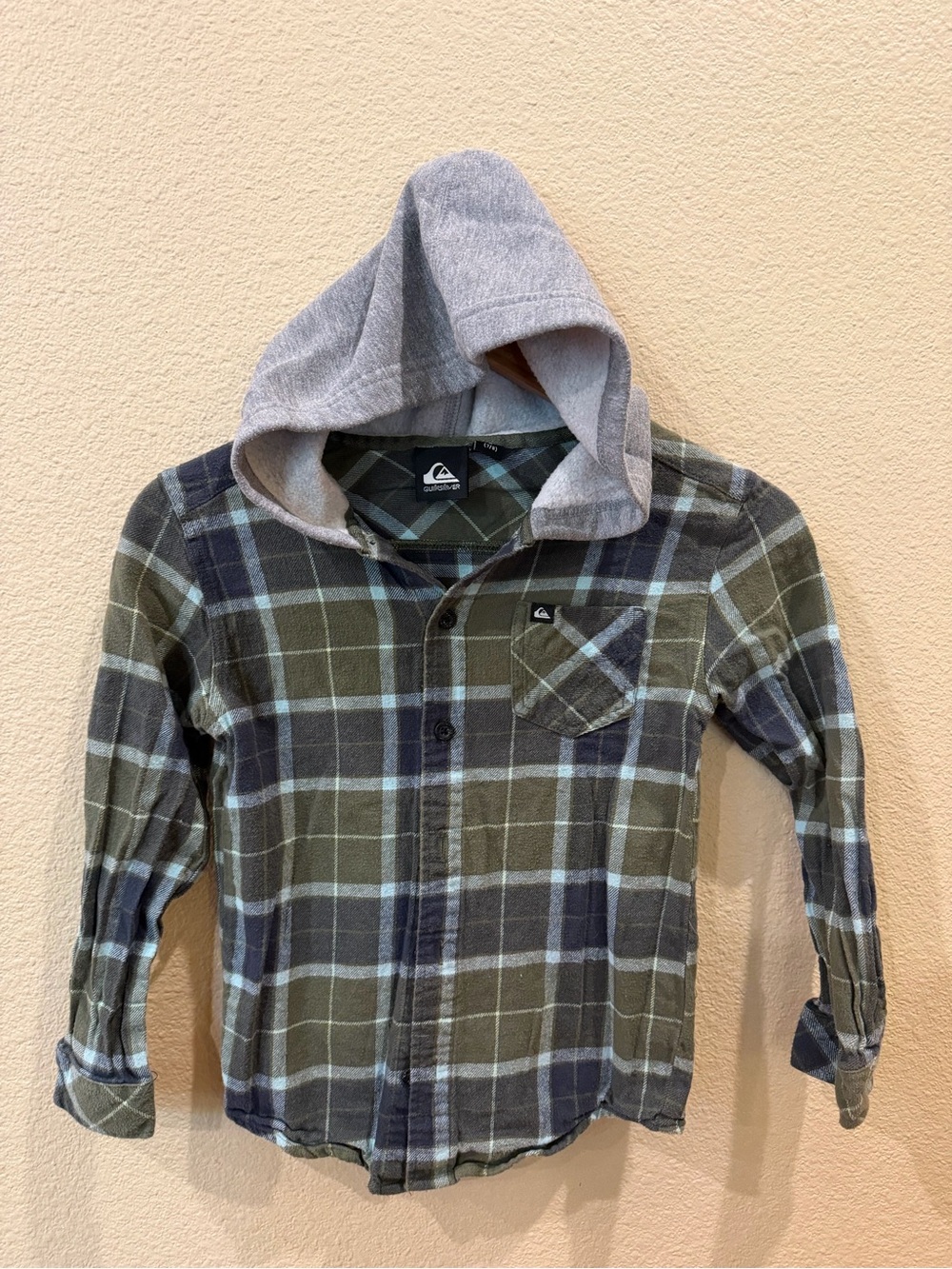 Quiksilver Boys Olive Green & Gray Plaid Hooded Button-Down Shirt